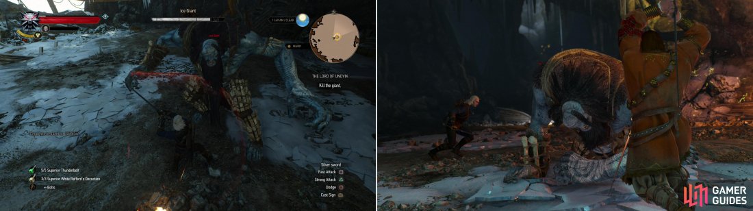 Fight the giant, who intially start out unarmed, but will retrieve a weapon when injured (left). A determined onslaught by Geralt and the Skelligers should be enough to topple the Lord of Undvik (right).