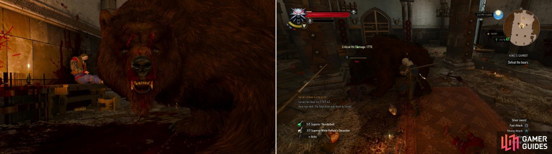 Geralt and Crach investigate the commotion in the main hall to find the place under assault by most unusual foes (left). Defeat the rampaging Bears (right), then decide on a course of action that will affect Skellige for generations to come…