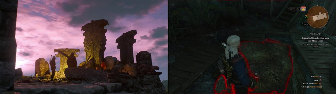 In the village of Fornhala, Geralt and Hjalmar will discover a shrine to Svalblod-a god so fierce, even the Skelligers dont worship him (left). Find a hidden trapdoor in one of the houses (right).