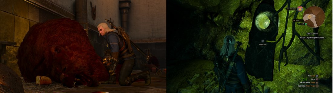 Instead of rushing off with Hjalmar, investigate the scene of the crime (left). Follow the clues through Kaer Trolde… scoring the Place of Powr hidden in the keeps bowels (right).