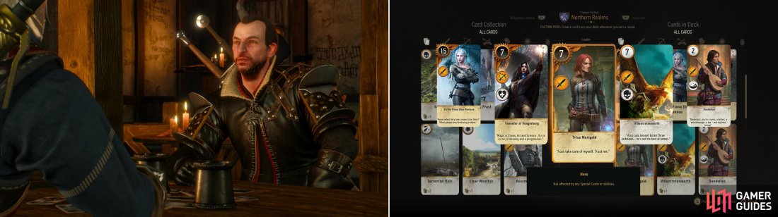Your old friend Lambert can be played after helping him out in Skellige (left). If you win youll obtain the Triss Merigold card (right).