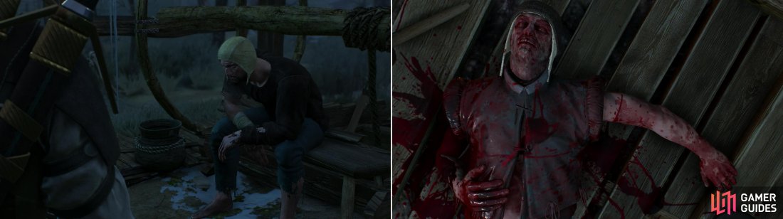 The sole survivor of the attack at Heatherton is understandly shaken (left). The Nilfgaardian spy wasnt kindly treated by the Wild Hunt (right).
