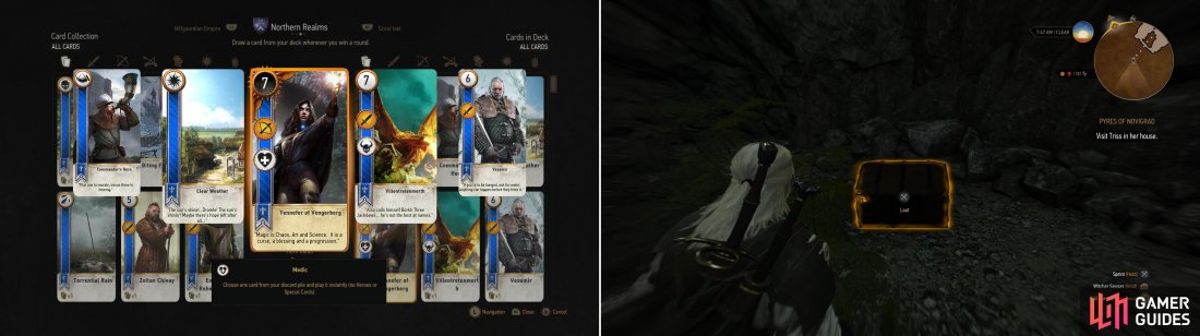 Defeat Stjepen to win the Yennefer of Vengerberg card (left). Seach Codgers Quarry to find a chest containing the Diagram: Enhanced Feline Gauntlets (right).
