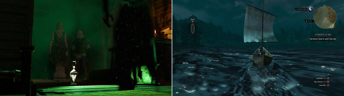 Youll interrupt Keira Metz making good use of that Magic Lamp you helped her recover (left). Agree to help her, then board a boat and set sail for Fyke Isle (right).