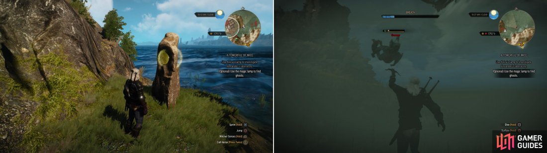 Draw from the Place of Power below Lornruk (left) then kill the Drowners in the water with your crossbow (right).