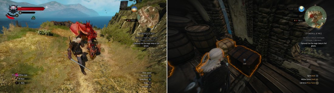 Lure the Wyvern that nests in Lornruk to the ground to the south and defeat it in single combat (left). Once the Wyvern is dead you can claim the Diagram: Griffin Silver Sword from a chest (right).