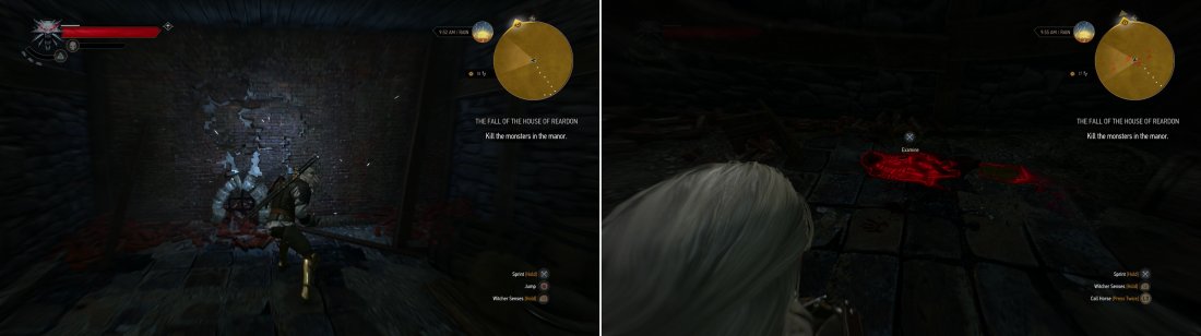 Blast a weak section of wall with Aard (left) to find a room where youll find a grisly discovery (right).