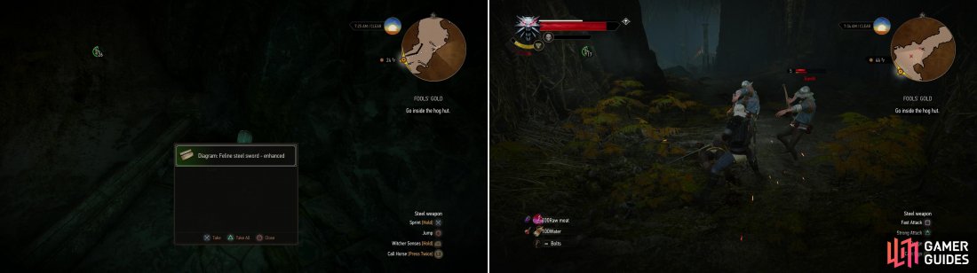In the cave where the hog hut is located you can find the Diagram: Feline Steel Sword - Enhanced (left). There are also Bandits in and around the cave that need to be put down (right).