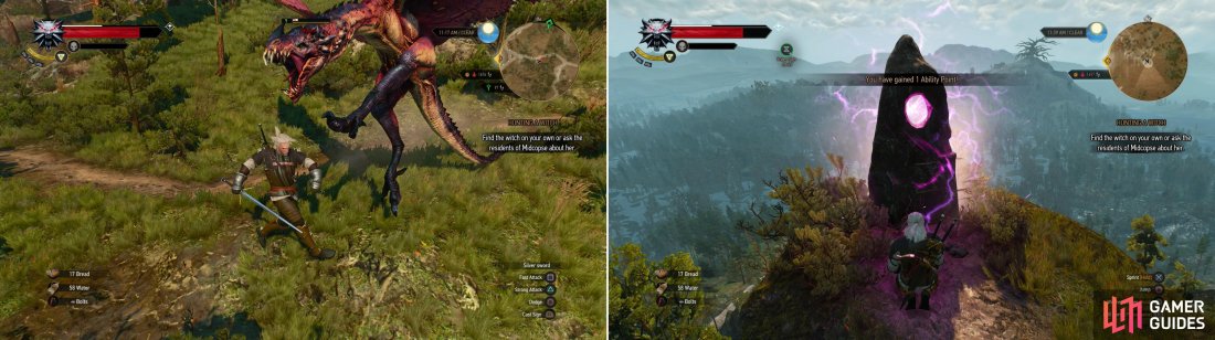 A Wyvern might attack you on the mountain path near Downwarren (left). Brave the heights and the beasts to reach a Place of Power on a peak (right).