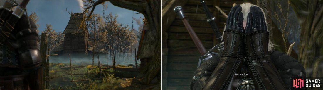 Youll find a small settlement in the middle of the swamp, at the end of the Trail of Treats (left). After Gran spoils your search, participate in a game of hide-and-seek with the children (right).