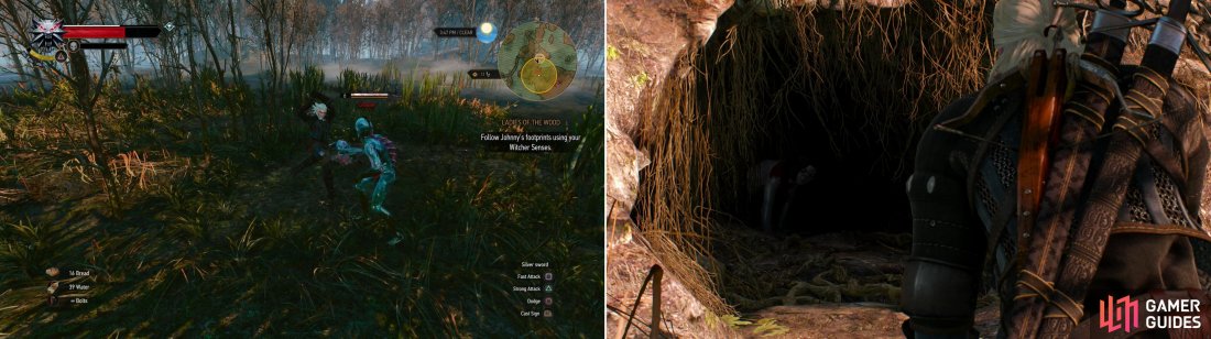 As you search for Johnny, beware of necrophages in the swamps (left). Eventually youll find Johnny in his barrow (right).
