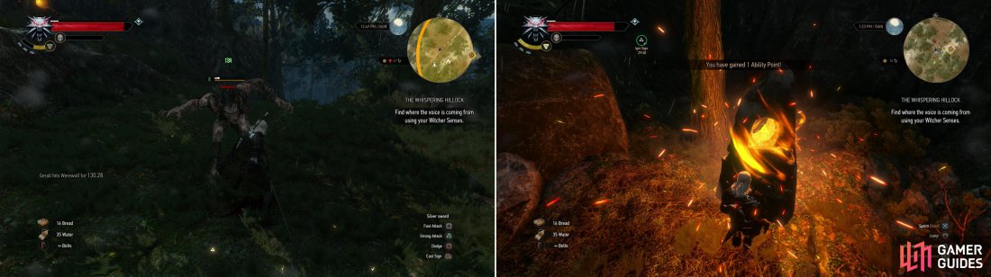 Defeat the Werewolf near the Ancient Oak (left) then draw from the nearby Place of Power (right).