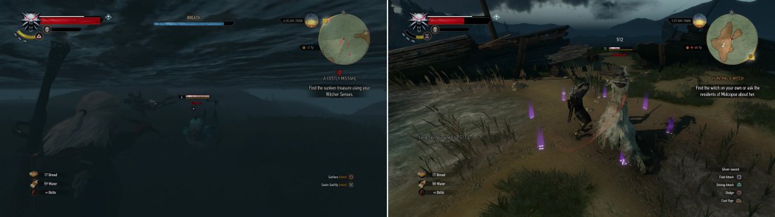 Plenty of Drowners dwell in the waters off western Velen (left), but even more dangerous foes can be found on nearby islands (right).