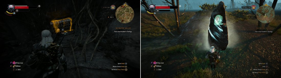 Use Aard to blast your way into a cave, where youll find the Diagram: Enhanced Griffin Gauntlets in a chest (left). South of Frischlow youll find a Place of Power (right).