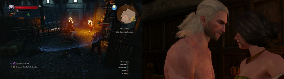 Defeat the thieves in the warehouse (left) after which Geralt and Sasha will make off with the money, have a nice dinner… and perhaps a little fun for dessert (right).