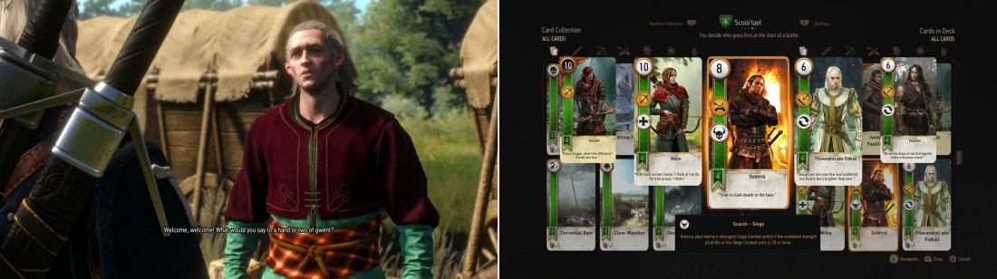 The elven Merchant at the circus camp might have a bit of a Gwent problem… (left). Defeat him, however, and youll obtain the Schirru card (right).