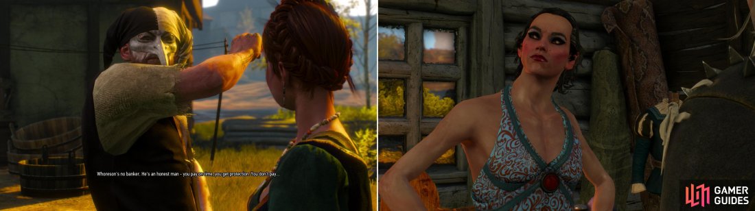 Protect one of Dandelions flowers from Whoreson Juniors thugs (left), then visit Elihal. A cross-dressing elf? Not that surprising, reall. Elves, amirite? (right)