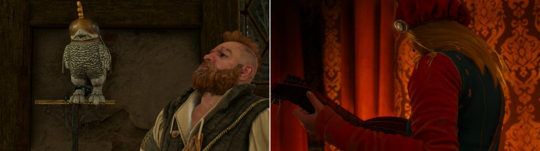 Zoltan shows off his newly-aquired, and oddly-attired, pet (left). After some expert investigation Geralt follows the leads to the object of Dandelions ongoing infatuation (right).