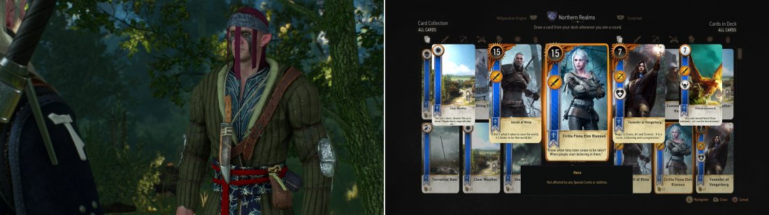 After hearing about him from Dijkstra, youll be able to play Gwent with the Scoiatael Merchant (left). Defeat him to win the Cirilla Fiona Elen Riannon Card (right).