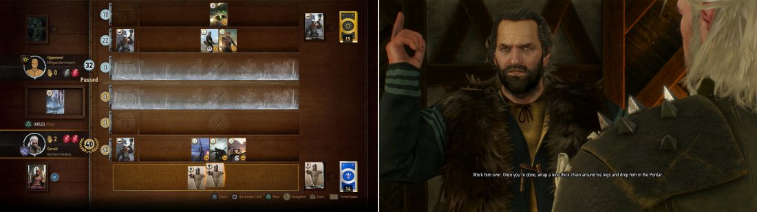 Defeat Whoresons goons at Gwent (left) and youll be invited upstairs for some high stakes games - which of course means youve won too much money, and the gangsters are angry at you (right).
