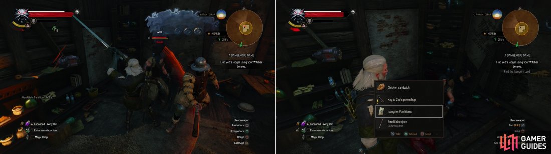 Defeat the thugs who murdered Zed (left) then claim the stolen Isengrim Faoiltiarna card (right).