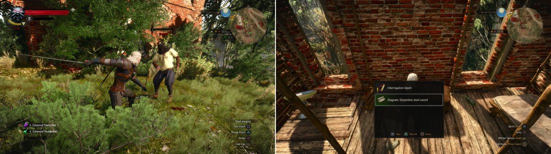 Kill the Bandits on the ruins overlooking the Ransacked Village (left) then grab the Diagram: Serpentine Steel Sword out of a chest (right).