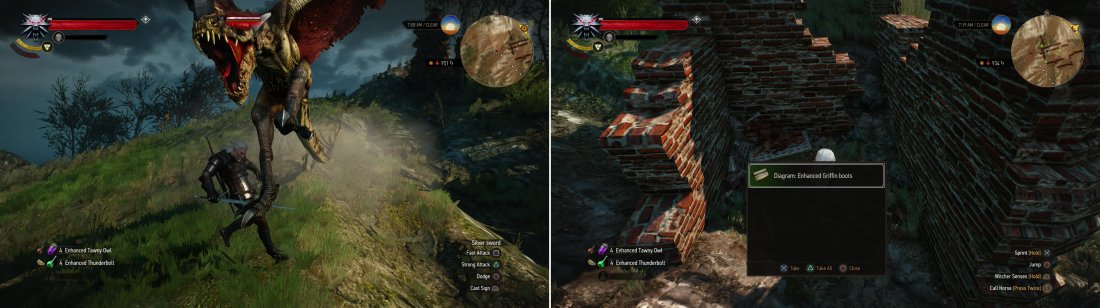 Avoid the Forktails fangs and talons (left) then loot the ruins it guarded to obtain the Diagram: Enhanced Griffin Boot (right).