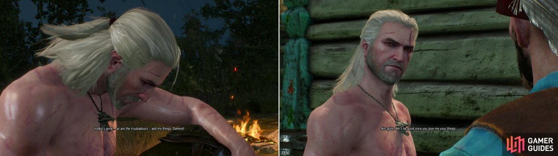 After accepting the hospitality of some strangers, Geralt wakes up without his equipment (left). Track down the thieves and Geralt will turn the tables on them (right).