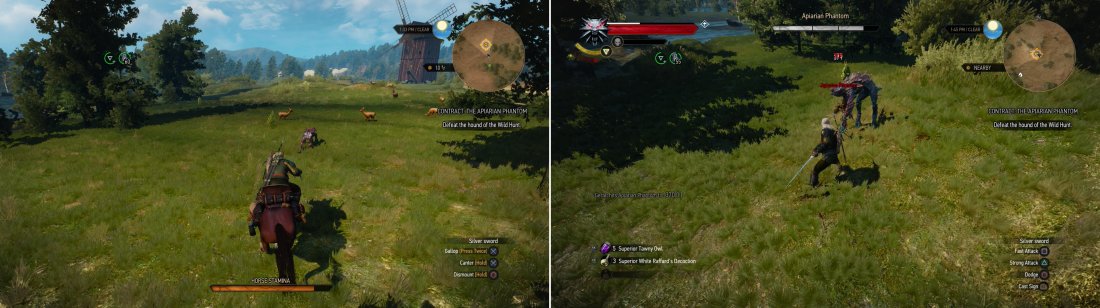 Chase down the Apiarian Phantom (left), then when it tires, dismount and slay it (right).