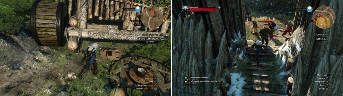 You can find some lucrative treasure near an abandoned siege tower (left). Kill the Bandits in a fort to find that, once again, the sword has eluded you (right).