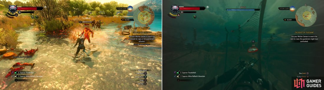 Defeat the necrophages on the shore (left) then search some fishing nets to find a monogrammed handkerchief (right).