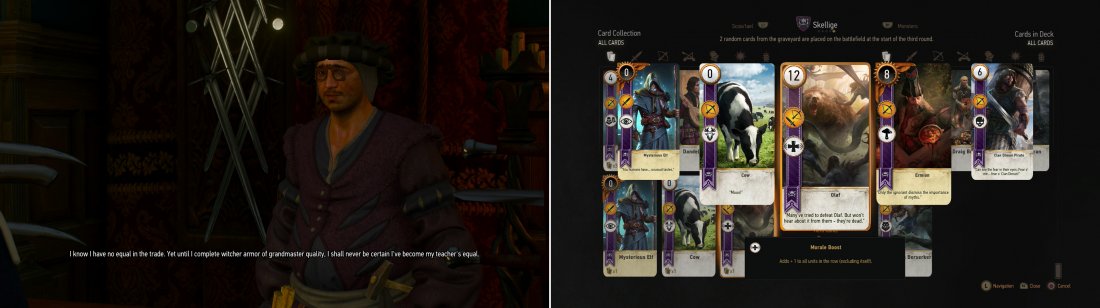 Visit Lazare Lafargues Workshop and talk to Lafargues to learn about the Grandmaster Witcher diagrams scattered throughout Toussaint (left). Defeat the Sommelier in Gwent to obtain the potent Olaf card (right).
