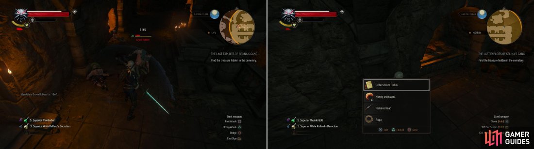 Kill the bandits in the crypt (left) then search some sacks to find some Orders from Robin (right).