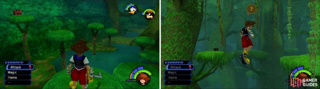 This chest in the Hippo’s Lagoon can be reached with a well timed swing of the keyblade. Swing from vine to vine (right) to reach the Chest with Dalmations inside.
