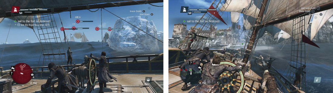 Destroy icebergs to damage the gunships (left). Once you have cleared the ships, sail for Anticosti (right).