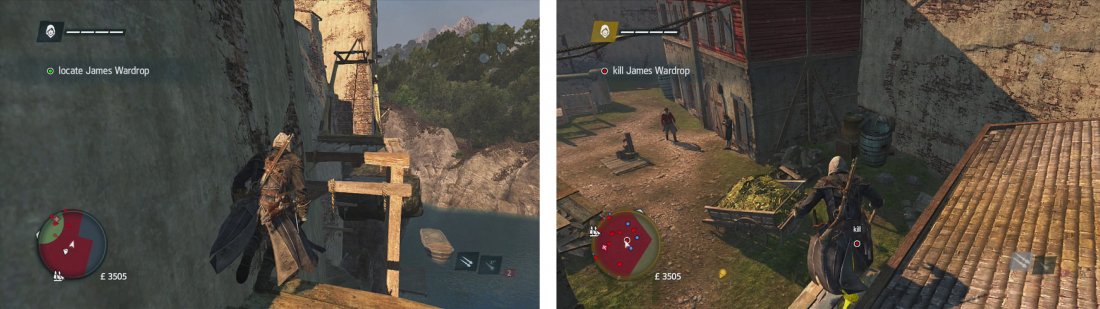 Enter the fort via the south wall of the fort (left), identify the target and use either the sniper tower or awning (right) to air assassinate him.
