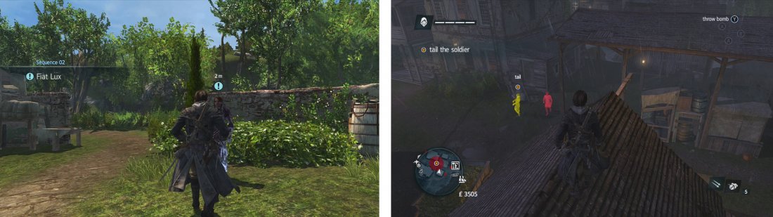 After starting the mission (left), head over to the warehouse nearby to find the target (right).