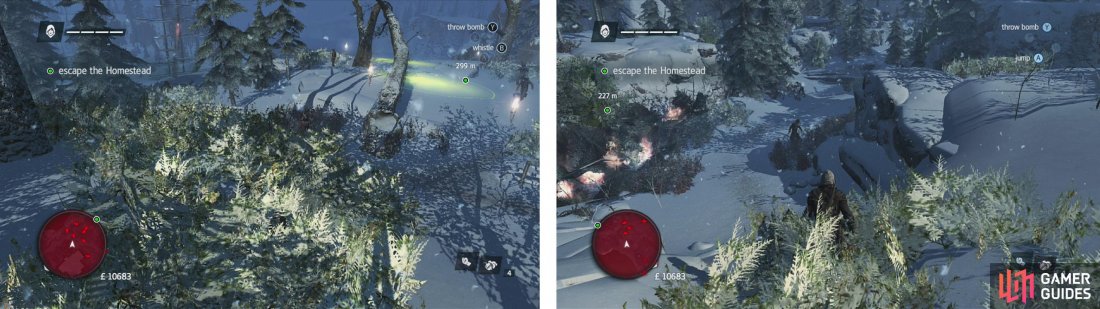 Use the treetop pathway to get across the mortar fire (left) and work your way through the bushes (right) until you reach the next area.