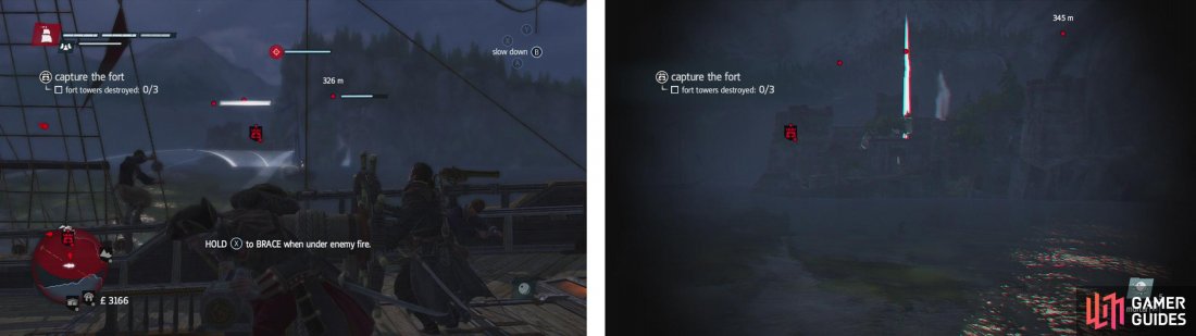 When you attack the fort (left) remember to brace if you cant avoid an attack and use mortars from a distance (right) to great effect.