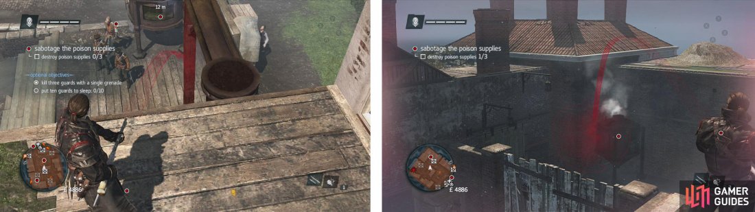 Wait until there are three guards at the central vat and hit it with a shrapnel grenade for the optional objective (left). Then hunt down the remaining vats (right).