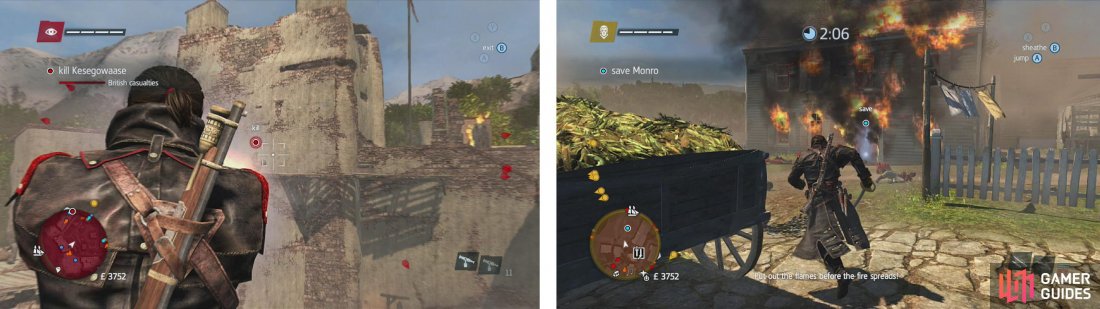 Shoot the target with the Puckle gun (left) for an easy kill. Afterwards, race to the burning building (right) to end the mission.