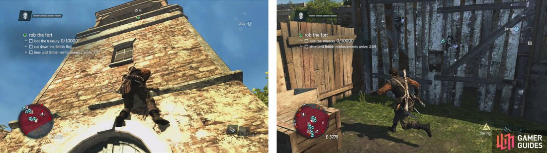 Climb the tower to the flag and cut it down (left). You can lockpick or destroy these doors (right). There are two chests inside each.
