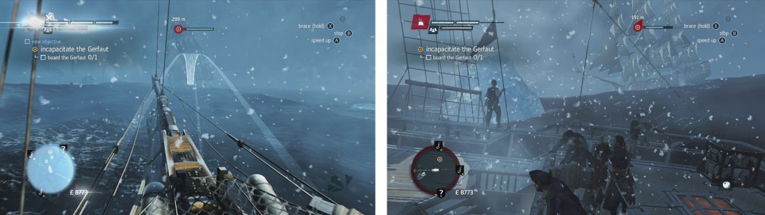 Once you have spotted the ship (left) youll have to take it down - be sure to avoid the ice bergs for that optional objective (right).