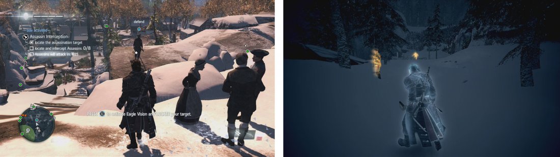 The target is located next to the viewpoint (left). Several assassins are patrolling as guards in the snow to the north (right).