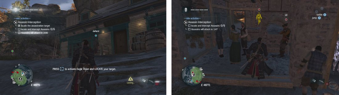 The target is located outside the tavern (left). The first two assassins are located in and around the renovation icon (right).