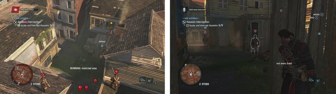 Once you reach the search area youll be attacked (left). Once you kill all the ground based enemies, hide inside (right) to draw the snipers down.