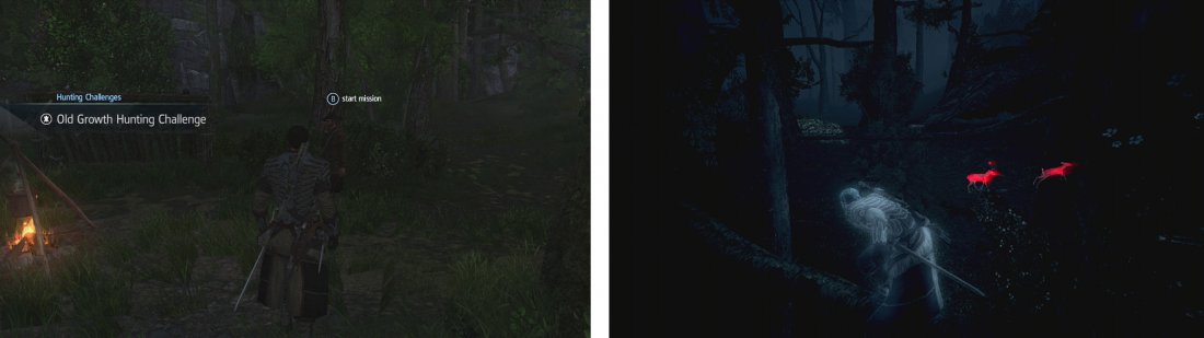 Approach the hunter to start the challenge (left). Use air assassinations or tranquilisers to take the deer (right) down and skin them.