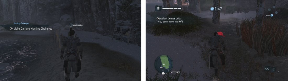 Approach the hunter to start the challenge (left). Beavers are slow, so run them down and shank them (right).