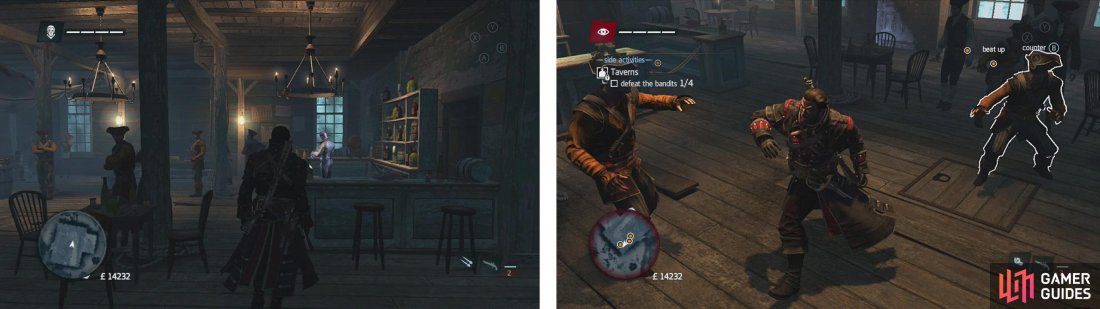 Approach and speak to the glowing barman (left) before fighting off thugs (right) to complete the tavern objectives.