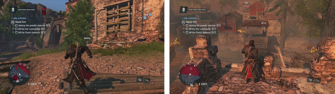 Use the scaffolding to the right of the gate to enter the fort (left). Once inside, take care of the lookouts first (right) before taking on the other objectives.